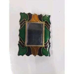 Vintage Silvestri Photo Frame Brooch, Enamel Design, Estate Lapel Pin Green Gold